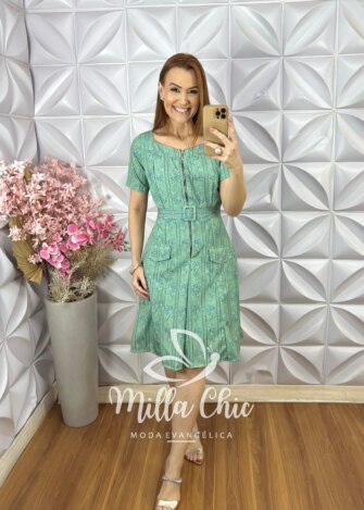 Vestido Constância em Alfaiataria Estampado - Verde Acqua Floral - Milla Chic