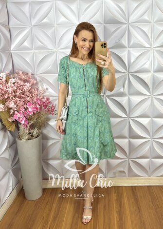 Vestido Constância em Alfaiataria Estampado - Verde Acqua Floral - Milla Chic