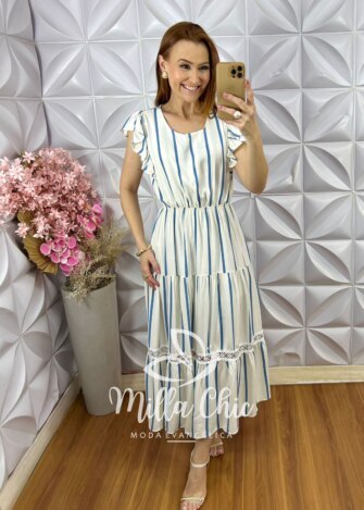 Vestido Constância Manga Curta - Azul - Milla Chic