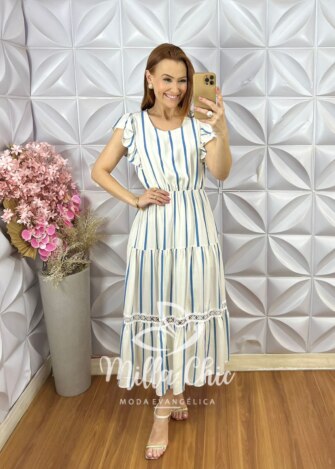 Vestido Constância Manga Curta - Azul - Milla Chic