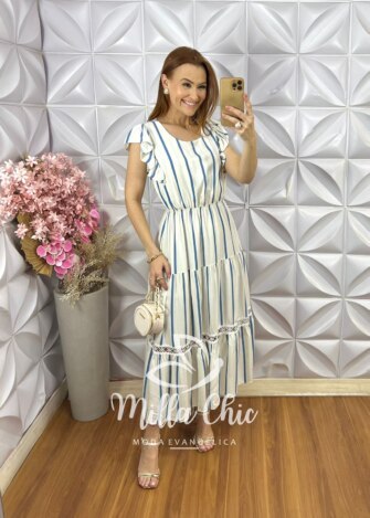 Vestido Constância Manga Curta - Azul - Milla Chic