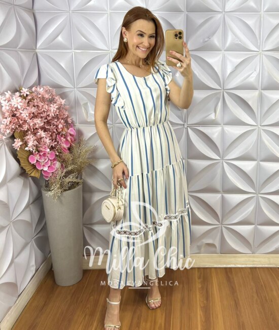 Vestido Constância Manga Curta - Azul - Milla Chic