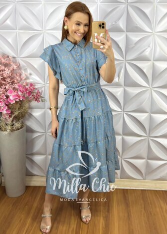 Vestido Gardênia Estampado - Azul Celeste - Milla Chic