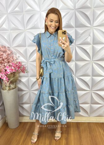 Vestido Gardênia Estampado - Azul Celeste - Milla Chic