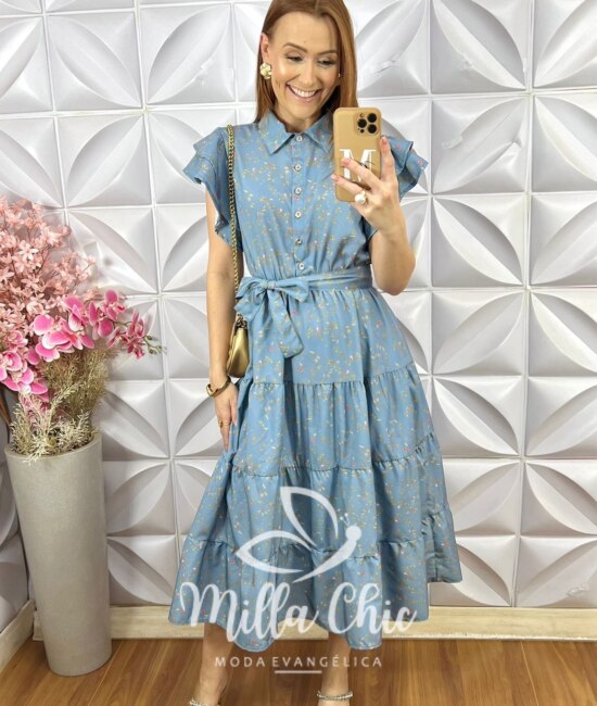 Vestido Gardênia Estampado - Azul Celeste - Milla Chic