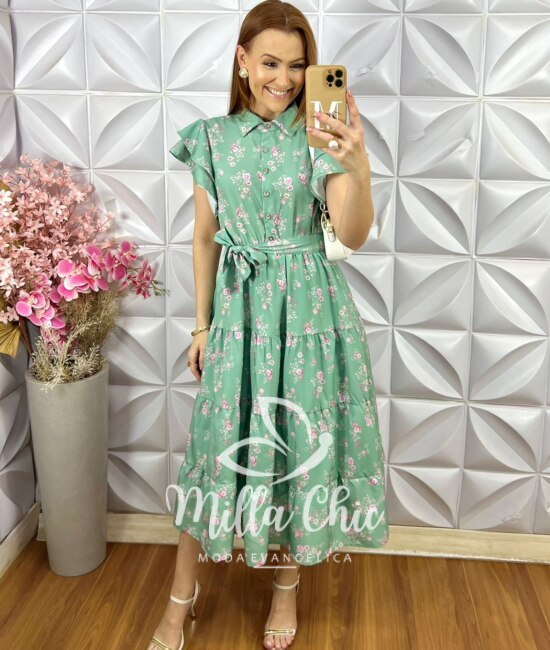 Vestido Gardênia Estampado - Verde Acqua - Milla Chic