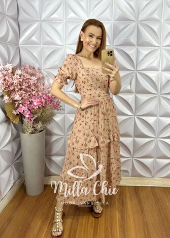 Vestido Glória em Viscolinho - Nude - Milla Chic