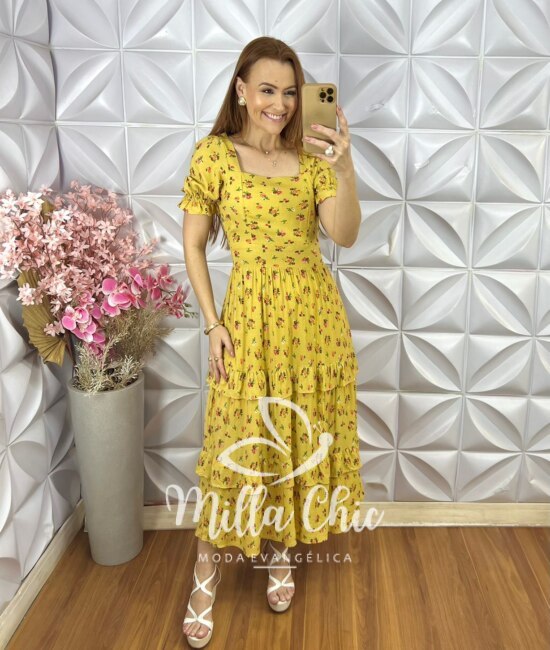 Vestido Glória em Viscolinho - Mostarda - Milla Chic