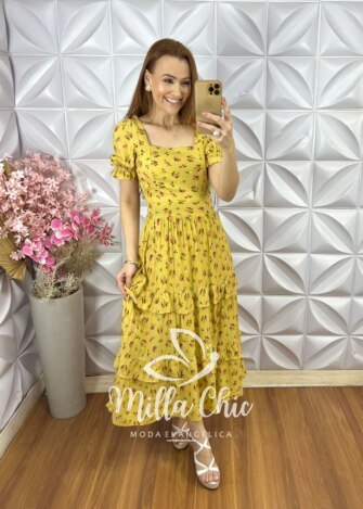 Vestido Glória em Viscolinho - Mostarda - Milla Chic