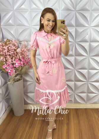 Vestido Isabela Bordado com Guipper - Rosa Baby - Milla Chic