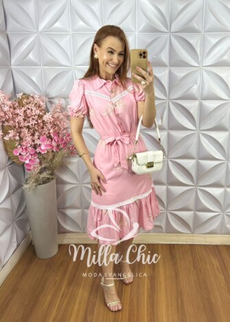 Vestido Isabela Bordado com Guipper - Rosa Baby - Milla Chic