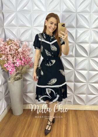 Vestido Isabela Bordado com Guipper - Preto - Milla Chic