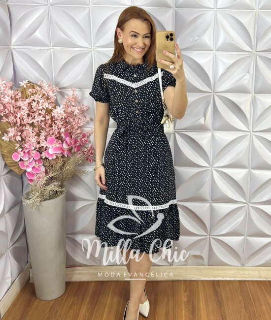 Vestido Isabela em Póa com Guipper - Preto - Milla Chic