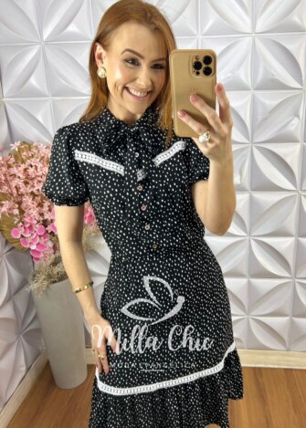 Milla Chic - millachic com br vestido isabela em poa com guipper preto Vestido Isabela em Póa com Guipper - Preto - Milla Chic
