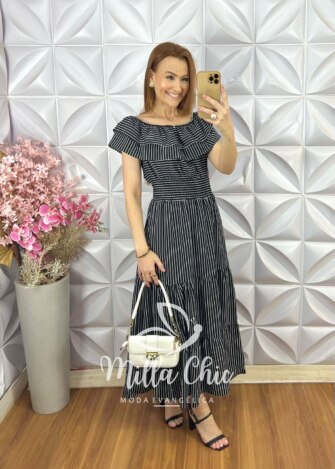 Vestido Joice em Crepinho - Listras  P&B - Milla Chic