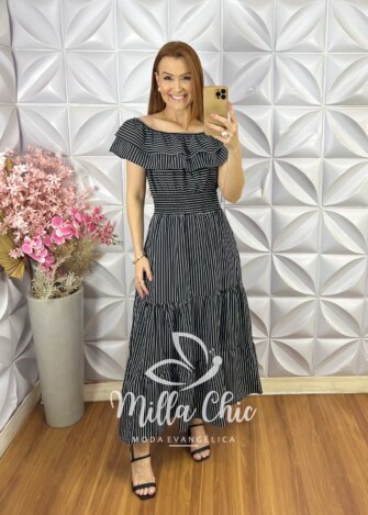Vestido Joice em Crepinho - Listras  P&B - Milla Chic
