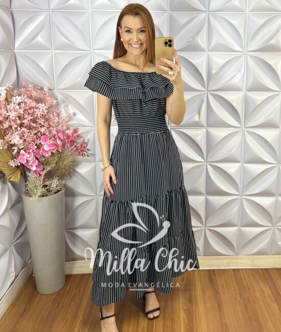 Vestido Joice em Crepinho - Listras  P&B - Milla Chic