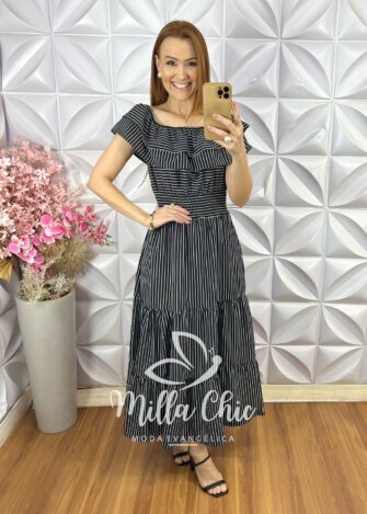 Milla Chic - millachic com br vestido joice em crepinho listras pampb 7 Vestido Joice em Crepinho - Listras P&B - Milla Chic