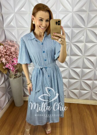 Vestido Leandra em Viscolinho Listrado - Azul - Milla Chic