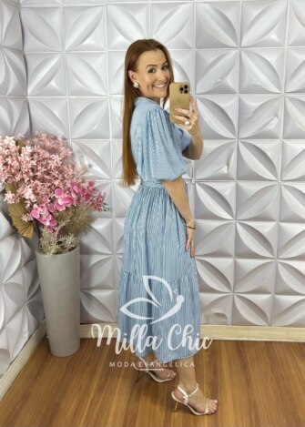 Vestido Leandra em Viscolinho Listrado - Azul - Milla Chic
