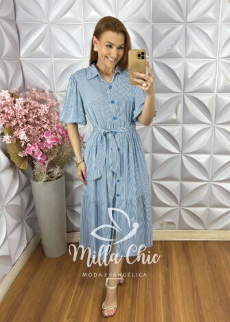 Vestido Leandra em Viscolinho Listrado - Azul - Milla Chic