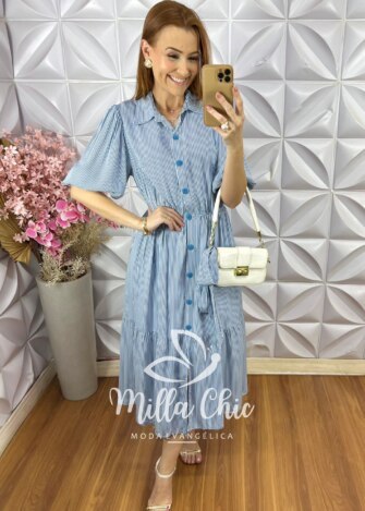 Vestido Leandra em Viscolinho Listrado - Azul - Milla Chic