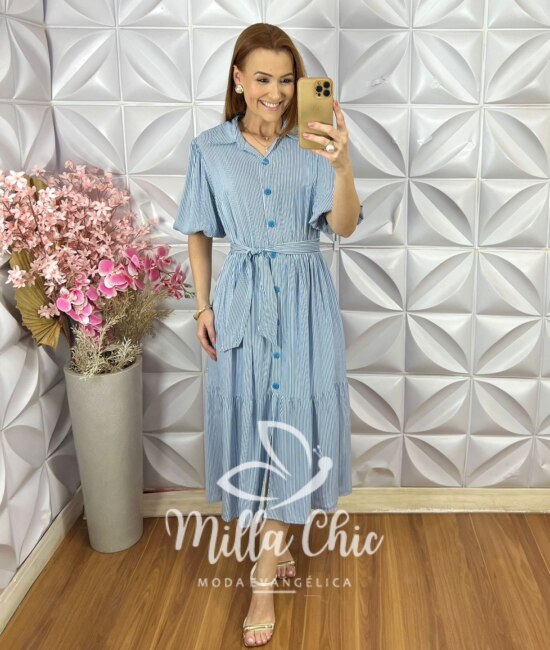 Vestido Leandra em Viscolinho Listrado - Azul - Milla Chic