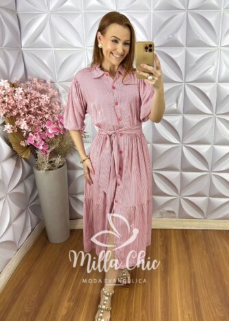 Vestido Leandra em Viscolinho Listrado - Vermelho Goiaba - Milla Chic