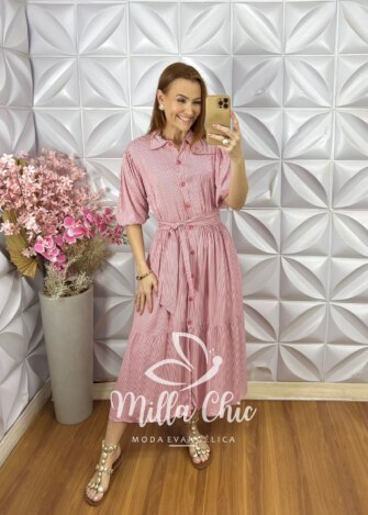 Vestido Leandra em Viscolinho Listrado - Vermelho Goiaba - Milla Chic