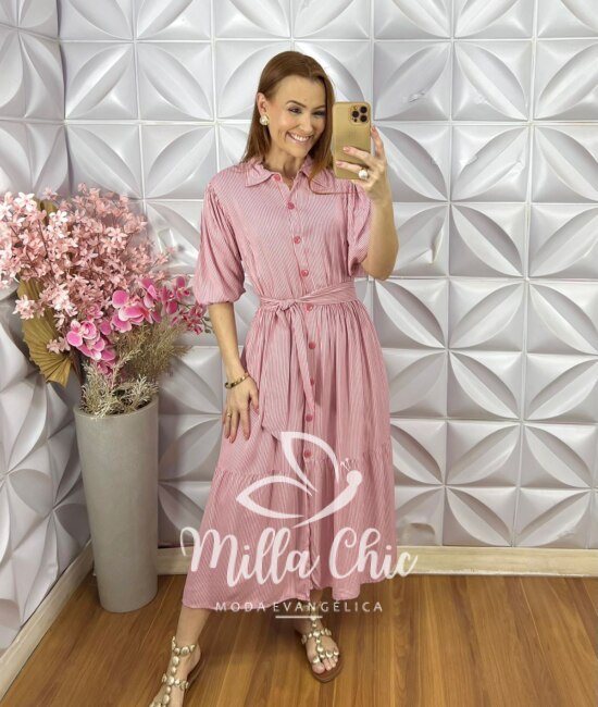 Vestido Leandra em Viscolinho Listrado - Vermelho Goiaba - Milla Chic