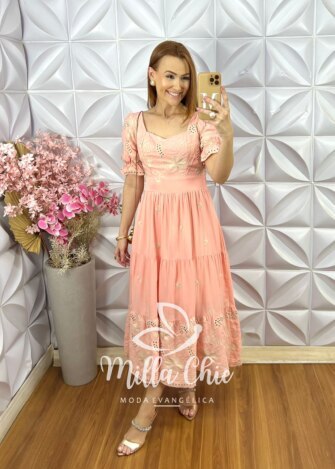 Vestido Maristela em Lesie Bordado - Pêssego - Milla Chic
