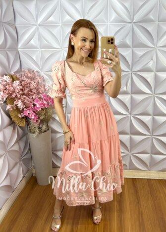 Vestido Maristela em Lesie Bordado - Pêssego - Milla Chic