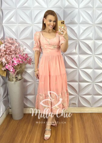 Vestido Maristela em Lesie Bordado - Pêssego - Milla Chic