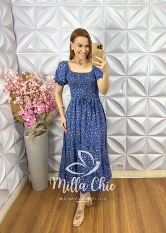 Vestido Melina Em Viscolinho - Azul Lavanda - Milla Chic