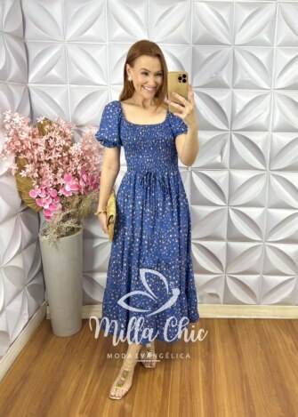 Vestido Melina Em Viscolinho - Azul Lavanda - Milla Chic