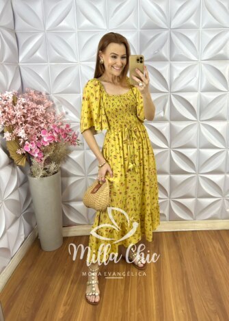 Vestido Melina Em Viscolinho - Mostarda - Milla Chic