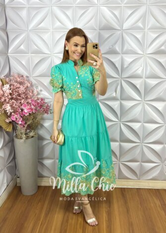 Vestido Mônaco Em Lesie Bordado - Verde Àgua - Milla Chic
