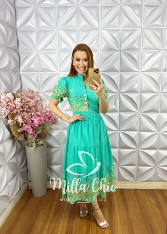 Vestido Mônaco Em Lesie Bordado - Verde Àgua - Milla Chic