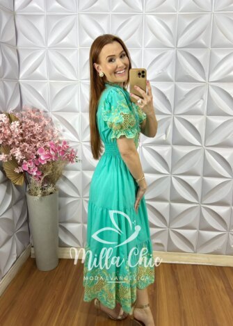 Vestido Mônaco Em Lesie Bordado - Verde Àgua - Milla Chic