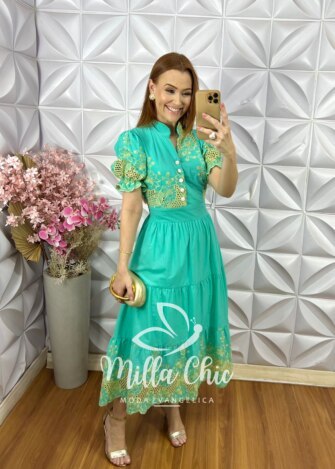 Vestido Mônaco Em Lesie Bordado - Verde Àgua - Milla Chic