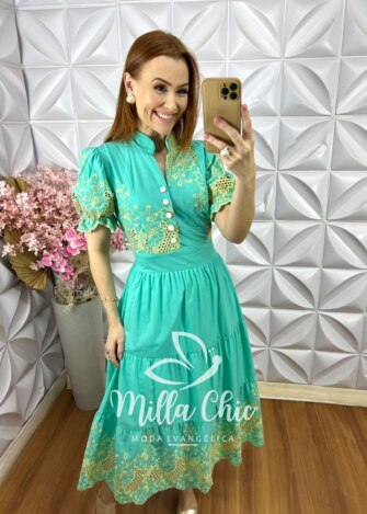 Vestido Mônaco Em Lesie Bordado - Verde Àgua - Milla Chic