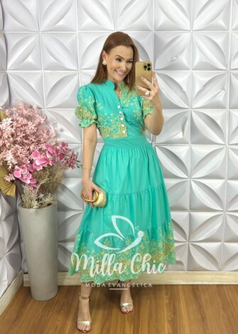 Vestido Mônaco Em Lesie Bordado - Verde Àgua - Milla Chic