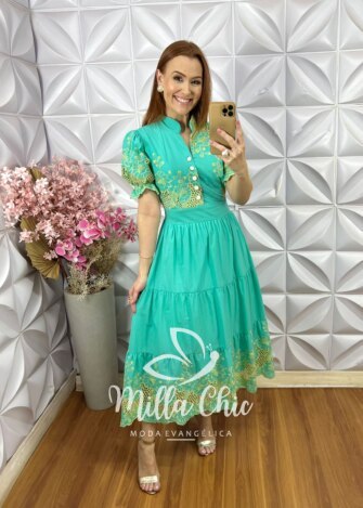 Vestido Mônaco Em Lesie Bordado - Verde Àgua - Milla Chic
