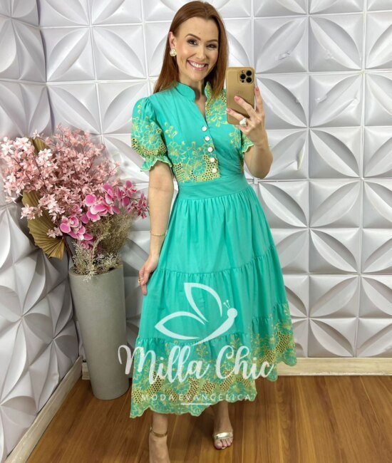 Vestido Mônaco Em Lesie Bordado - Verde Àgua - Milla Chic