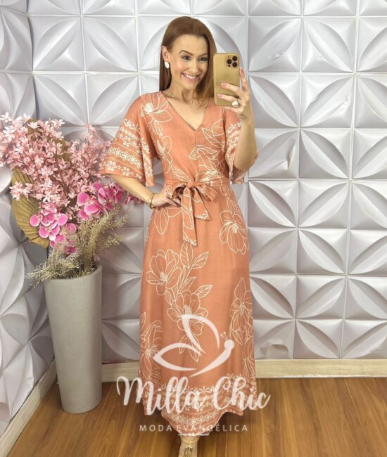 Vestido Odete Em Viscoamida Estampado - Pêssego - Milla Chic