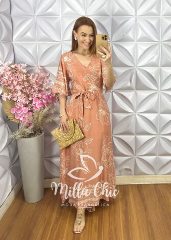Vestido Odete Em Viscoamida Estampado - Pêssego - Milla Chic