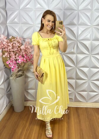 Vestido Pietra Em linho - Amarelo Manteiga - Milla Chic