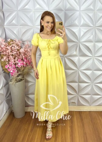 Vestido Pietra Em linho - Amarelo Manteiga - Milla Chic