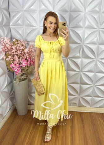 Vestido Pietra Em linho - Amarelo Manteiga - Milla Chic