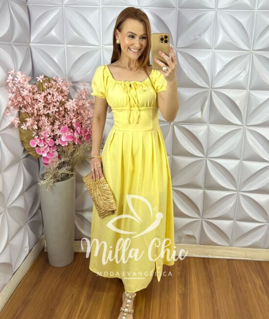 Vestido Pietra Em linho - Amarelo Manteiga - Milla Chic